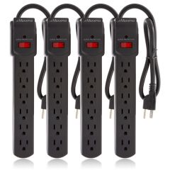 6 Outlet Power Strip - 300 Joules Surge Protection, Black (4 Pack)