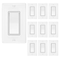 3-Way / Single Pole On/Off Light Switch, White Decorative Rocker Switch, Wall Plates Included (10 Pack)