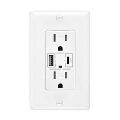15A USB Wall Outlet, 30W Power Delivery QC 3.0 Type-C/A Vertical Charging Ports, Wall Plate Included