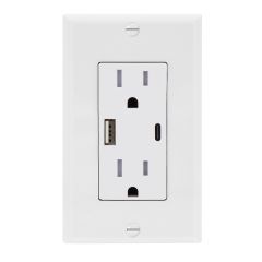 4.8A USB Type-C / A Wall Outlet, Vertical Charging Ports, 15A Tamper Resistant, Wall Plate Included, White